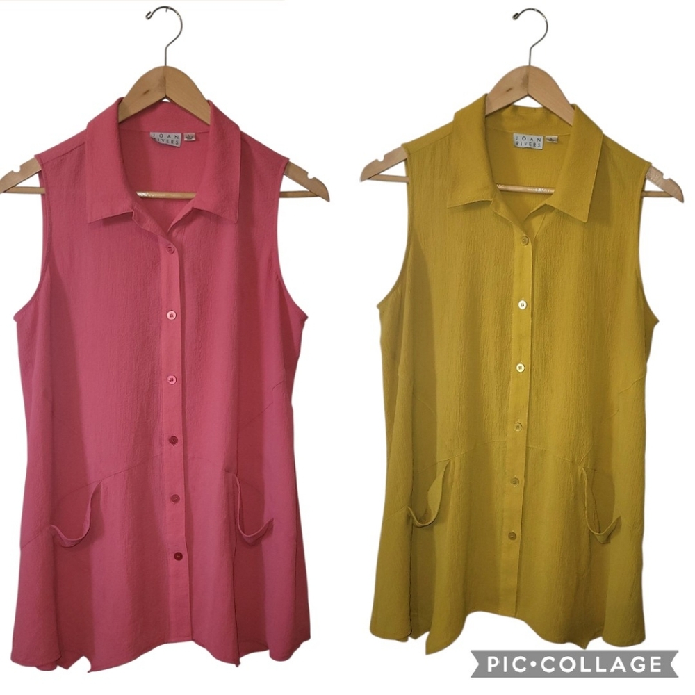 (2)Joan Rivers Tunic Sleeveless Crepe Gauze Pink Yellow Large Stretch Shirt Top - Picture 2 of 15